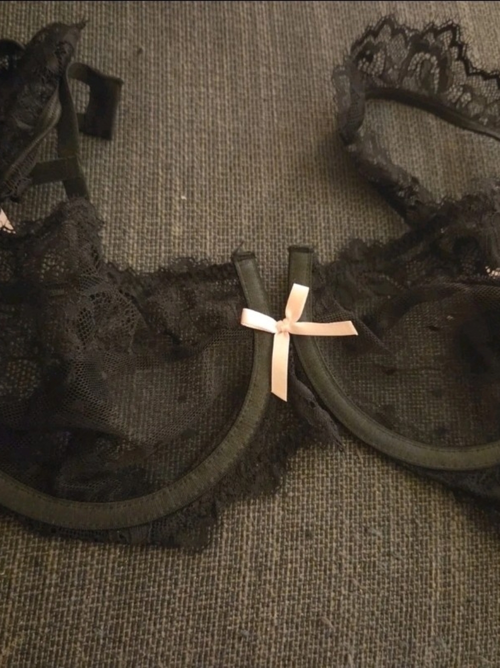Black Lace Underwire Bra with Pink Bow Accent